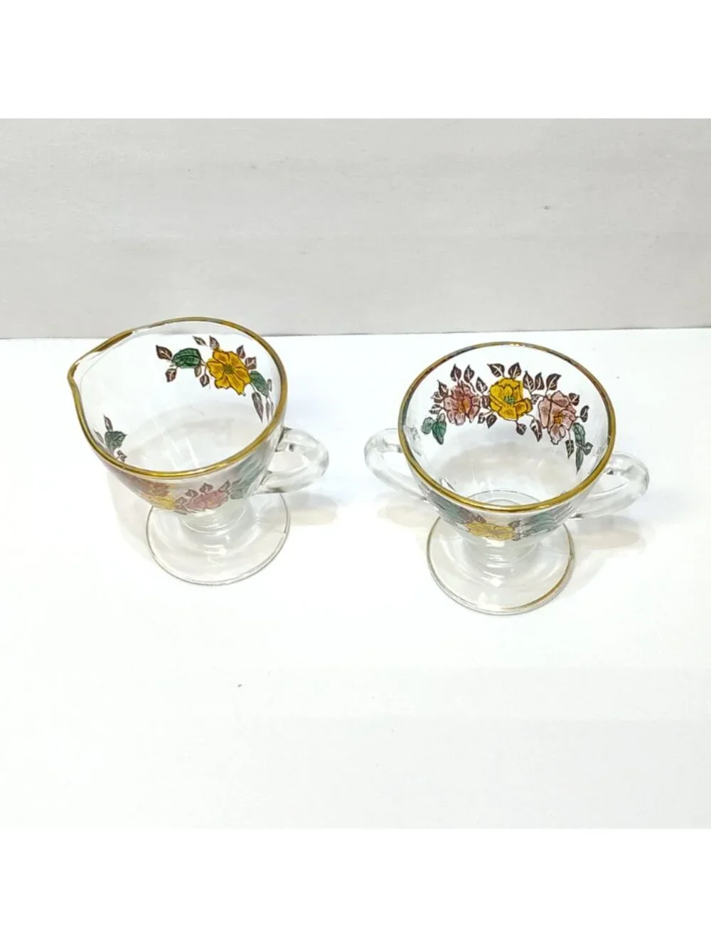 Vintage Glass Creamer & Sugar Set Floral Design Gold Rim Accents Artist Unknown